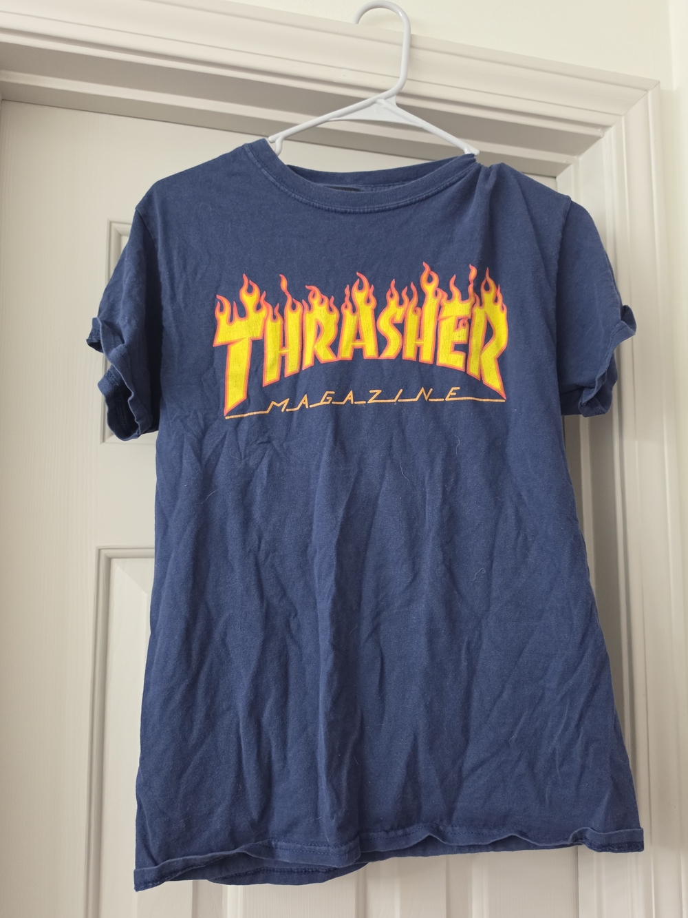 Thrasher Navy Tee with Yellow and Orange Flame Logo